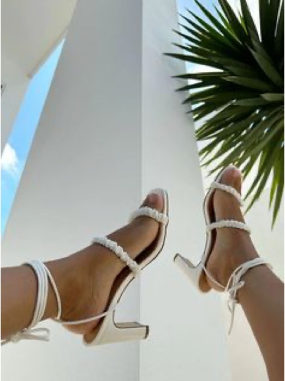Women’s White Strappy Heeled Sandals with wrap around ankle lacesp